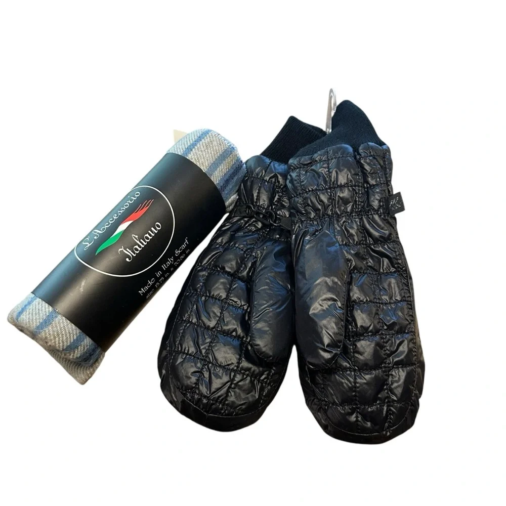Black Quilted Mittens with Blue Striped Scarf
